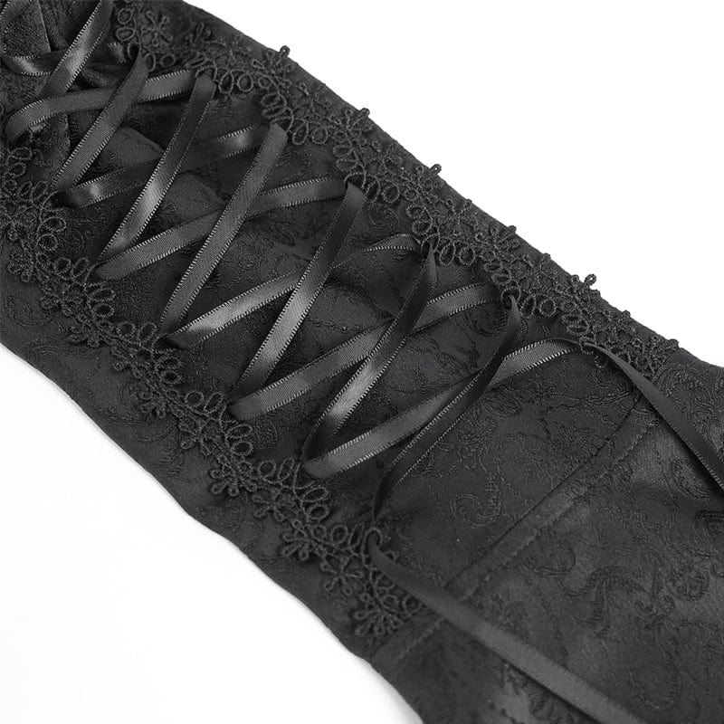 DEVIL FASHION Women's Gothic Floral Jacquard Lace-up Puff Sleeved Shirt Black