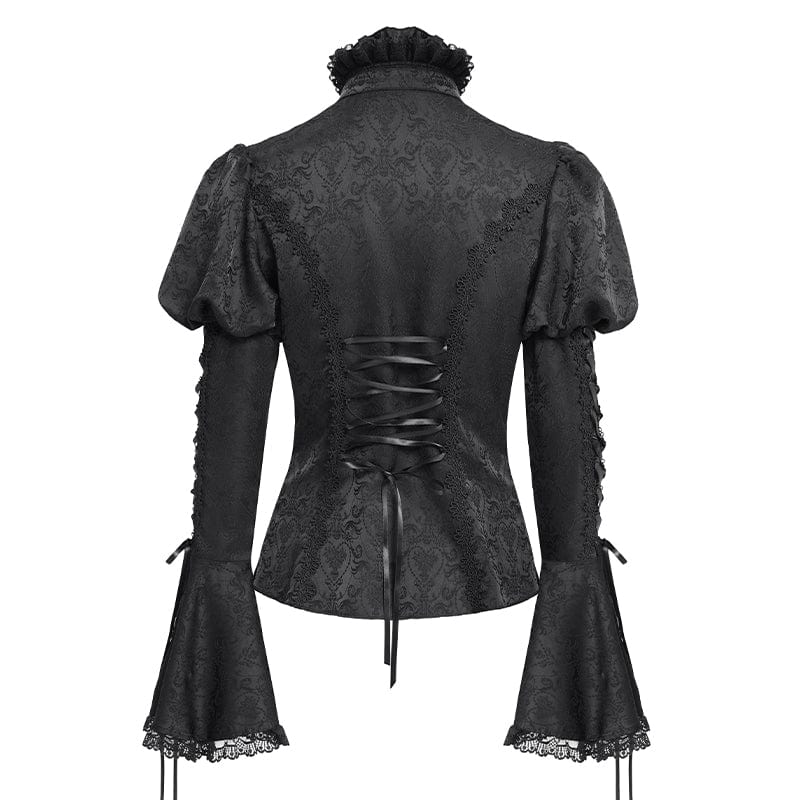DEVIL FASHION Women's Gothic Floral Jacquard Lace-up Puff Sleeved Shirt Black