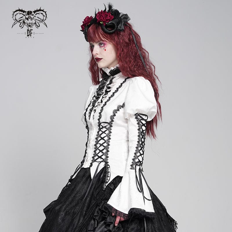 DEVIL FASHION Women's Gothic Floral Jacquard Lace-up Puff Sleeved Shirt White