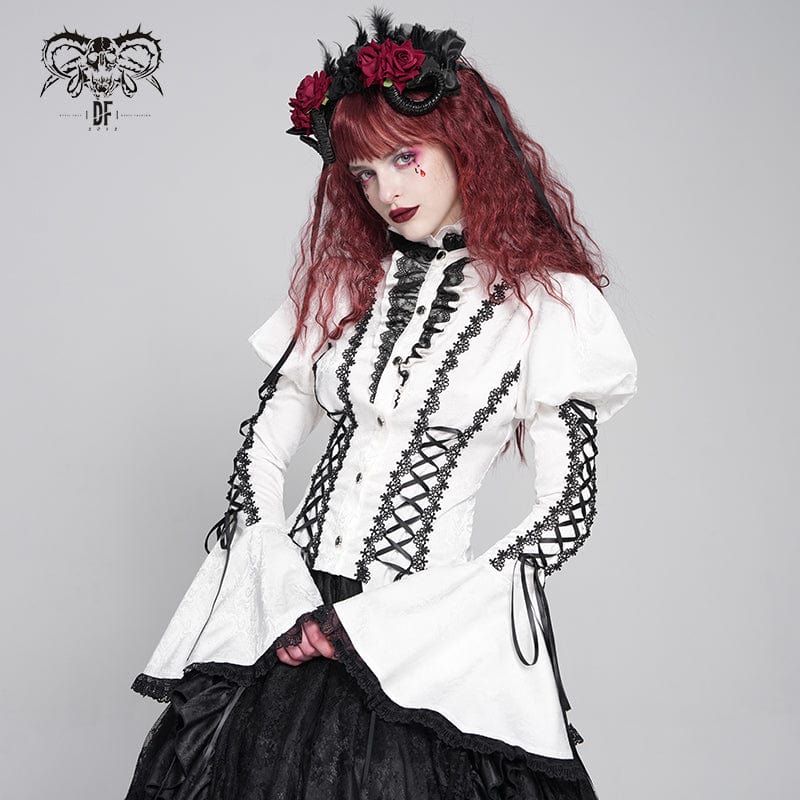 DEVIL FASHION Women's Gothic Floral Jacquard Lace-up Puff Sleeved Shirt White