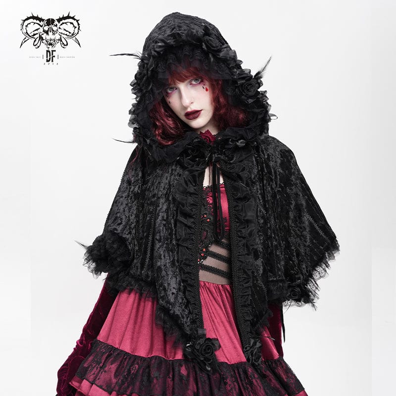 DEVIL FASHION Women's Gothic Floral Lace Hem Hooded Cape