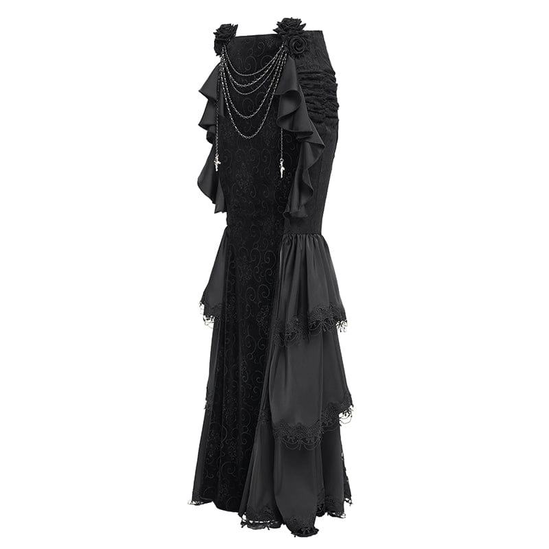 DEVIL FASHION Women's Gothic Floral Printed Rose Chain Fishtail Skirt Black