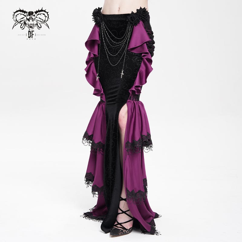 DEVIL FASHION Women's Gothic Floral Printed Rose Chain Fishtail Skirt Purple