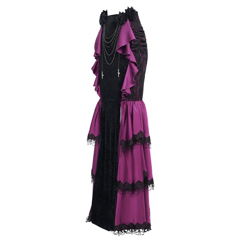 DEVIL FASHION Women's Gothic Floral Printed Rose Chain Fishtail Skirt Purple