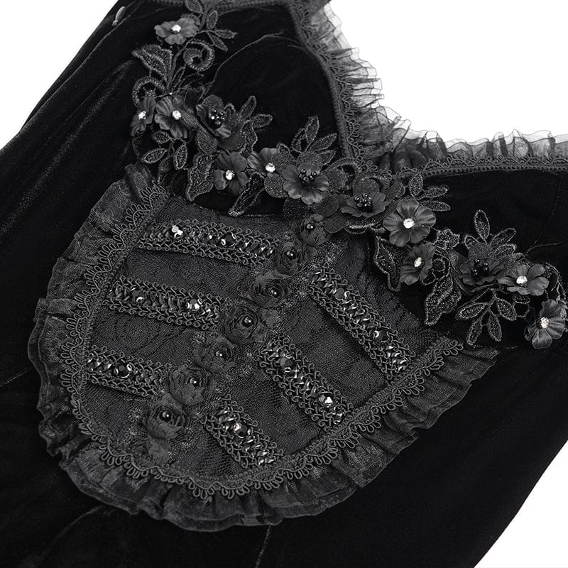 DEVIL FASHION Women's Gothic Floral Ruched Lace-up Maxi Dress Black