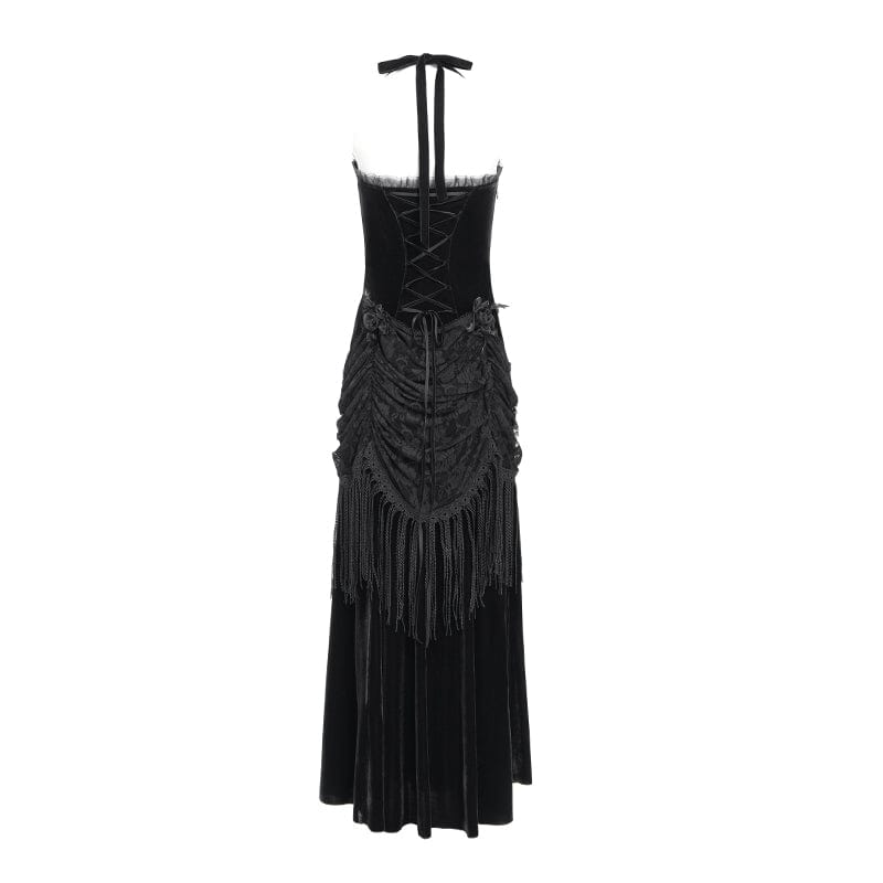 DEVIL FASHION Women's Gothic Floral Ruched Lace-up Maxi Dress Black