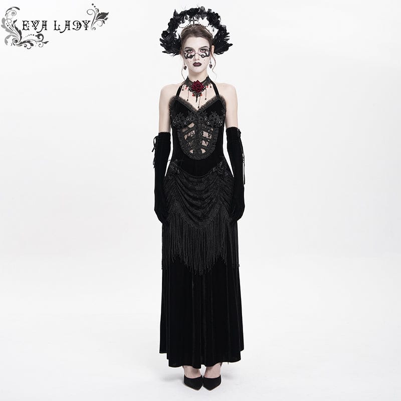 DEVIL FASHION Women's Gothic Floral Ruched Lace-up Maxi Dress Black