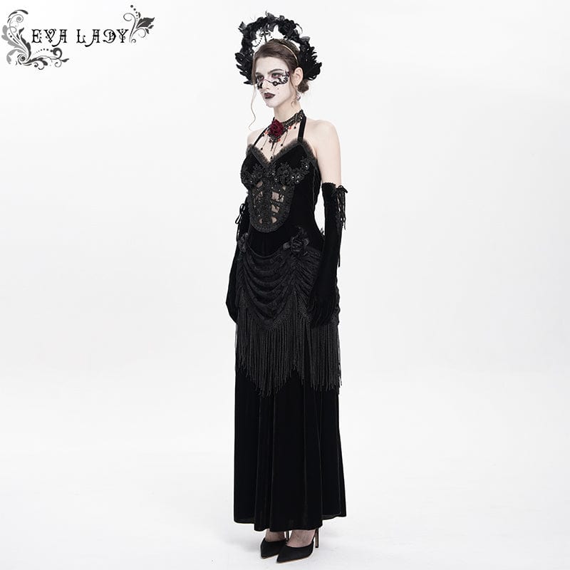 DEVIL FASHION Women's Gothic Floral Ruched Lace-up Maxi Dress Black