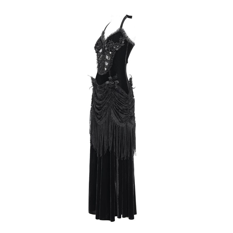 DEVIL FASHION Women's Gothic Floral Ruched Lace-up Maxi Dress Black