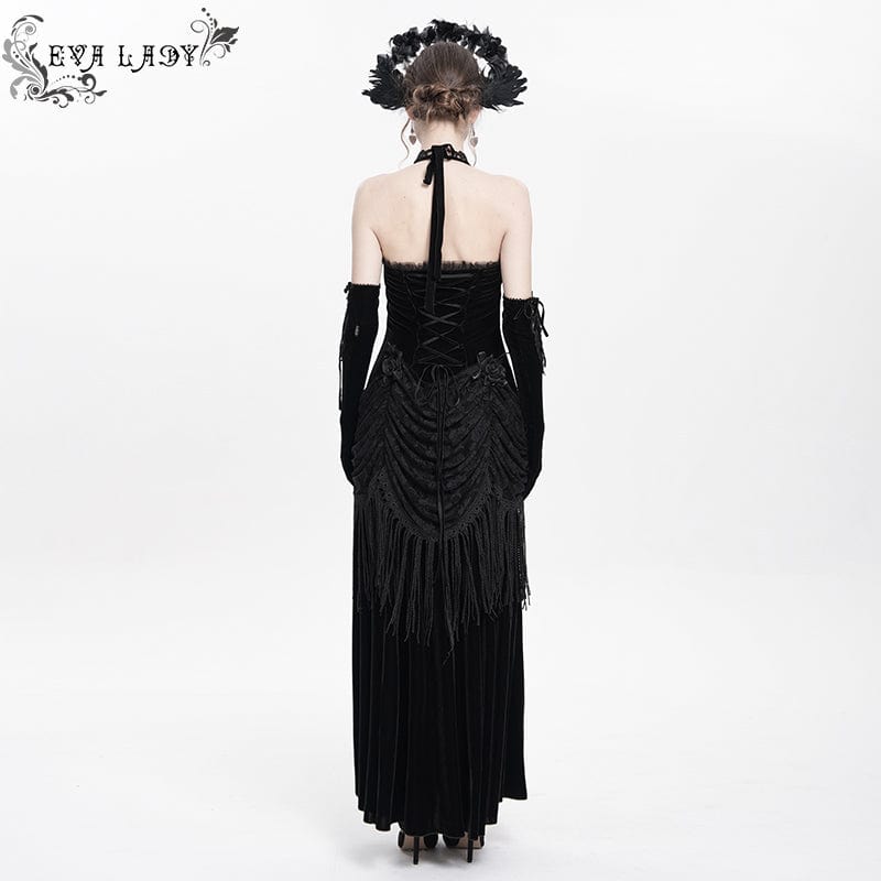DEVIL FASHION Women's Gothic Floral Ruched Lace-up Maxi Dress Black