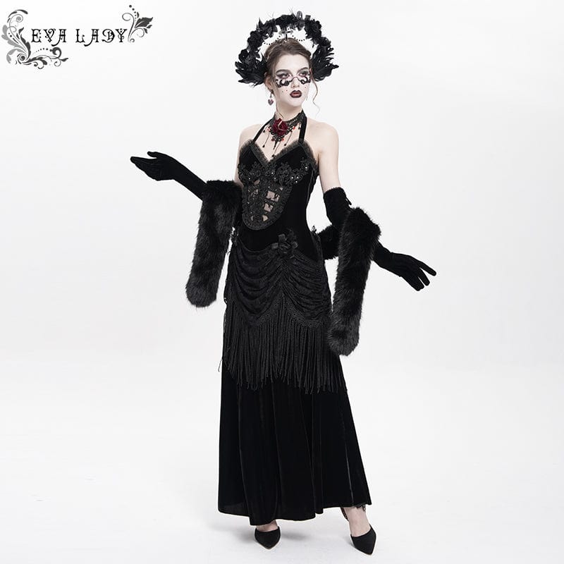 DEVIL FASHION Women's Gothic Floral Ruched Lace-up Maxi Dress Black