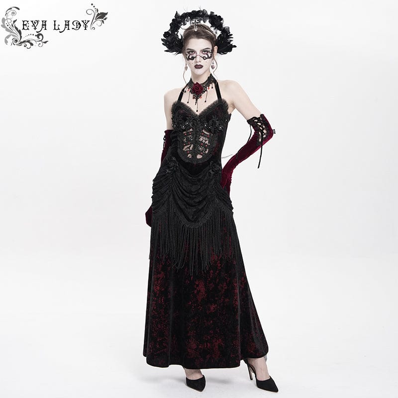 DEVIL FASHION Women's Gothic Floral Ruched Lace-up Maxi Dress Red