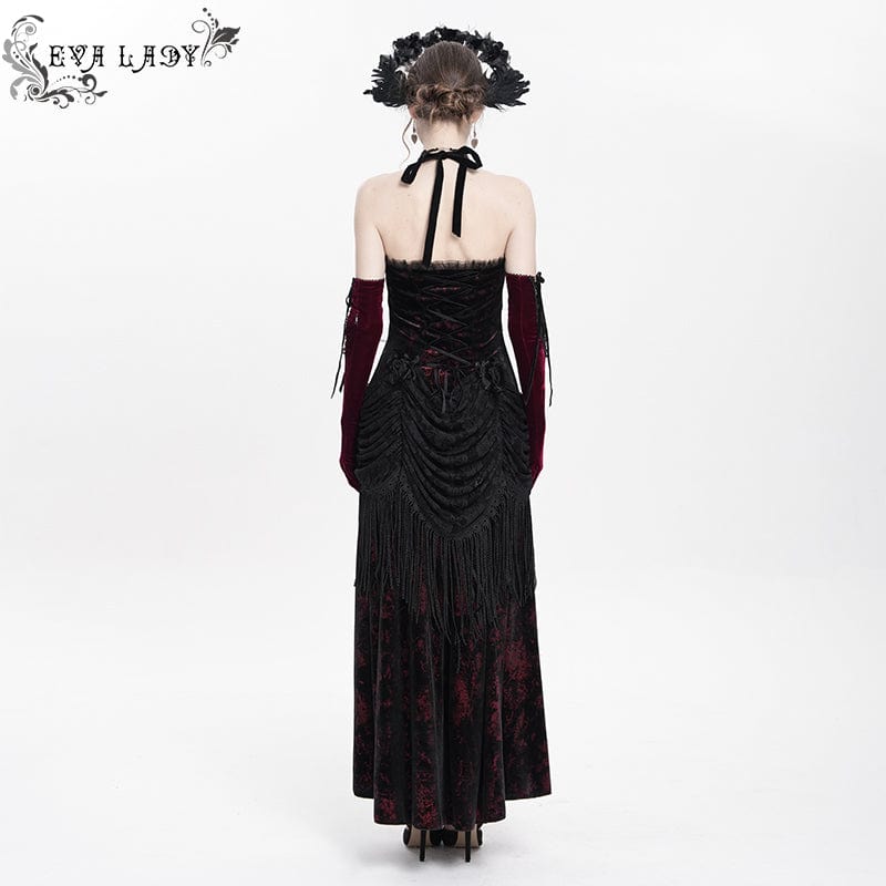 DEVIL FASHION Women's Gothic Floral Ruched Lace-up Maxi Dress Red