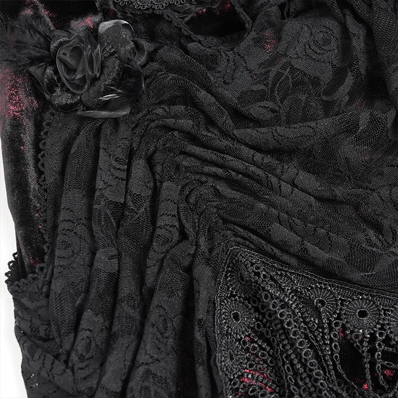 DEVIL FASHION Women's Gothic Floral Ruched Lace-up Maxi Dress Red