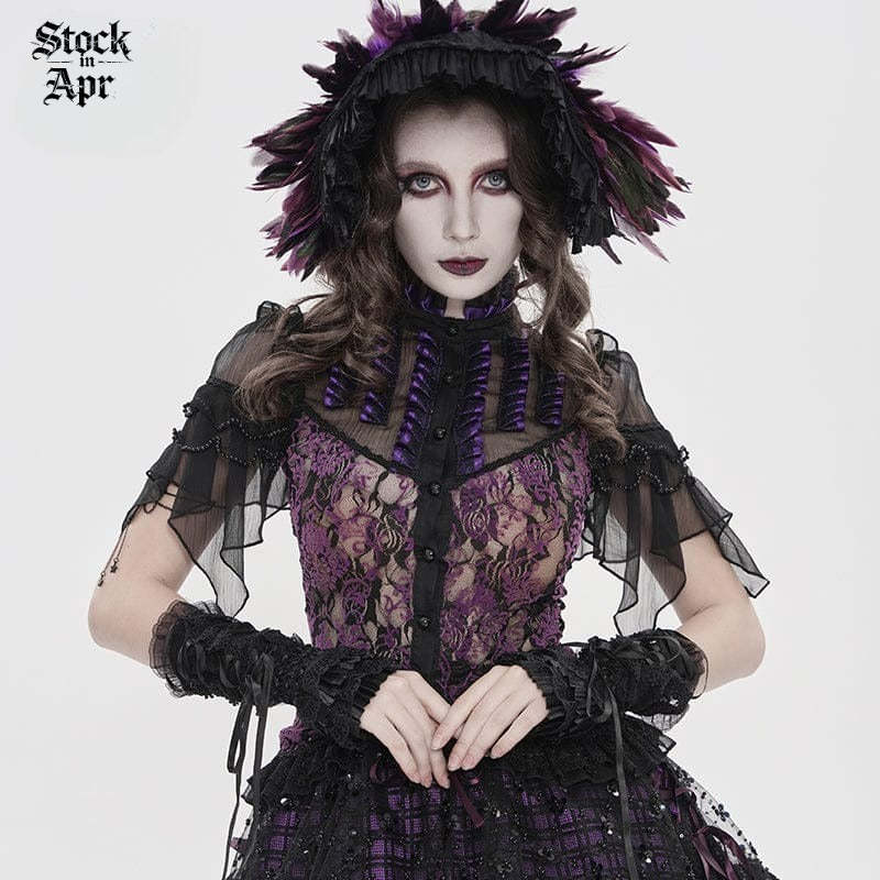 DEVIL FASHION Women's Gothic Floral Stand Collar Short Sleeved Mesh Shirt