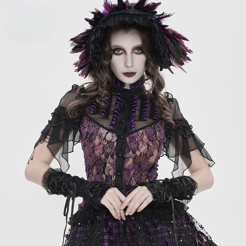 DEVIL FASHION Women's Gothic Floral Stand Collar Short Sleeved Mesh Shirt