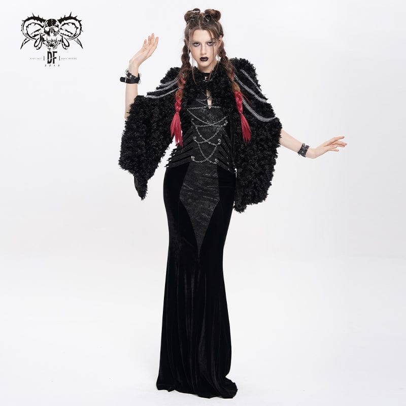 DEVIL FASHION Women's Gothic Fluffy Chain Hooded Cape
