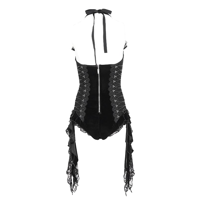 DEVIL FASHION Women's Gothic Halterneck Lace-Up Ruffled Bodysuit