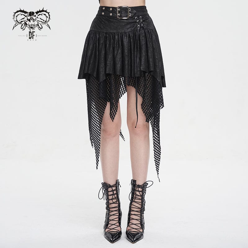 DEVIL FASHION Women's Gothic Irregular Mesh Splice Buckle Skirt Black