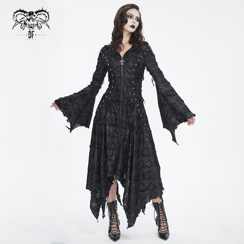 DEVIL FASHION Women's Gothic Irregular Ripped Long Sleeved Hem Dress with Hood