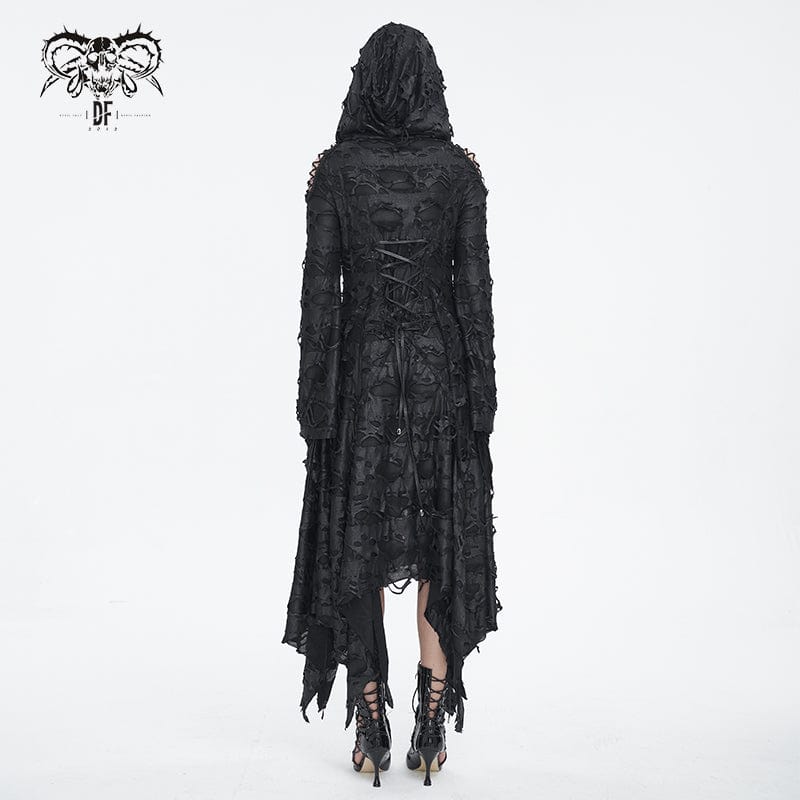 DEVIL FASHION Women's Gothic Irregular Ripped Long Sleeved Hem Dress with Hood