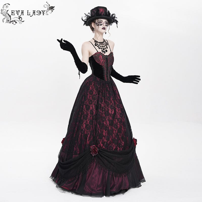 DEVIL FASHION Women's Gothic Jacquard Floral Beaded Long Slip Dress