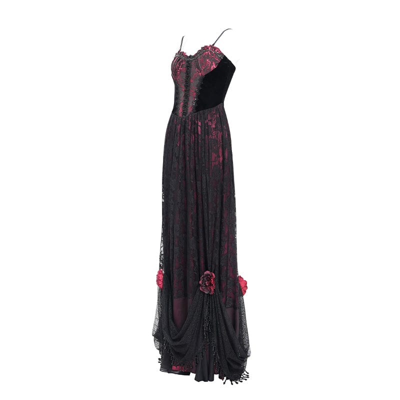 DEVIL FASHION Women's Gothic Jacquard Floral Beaded Long Slip Dress