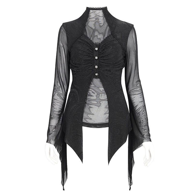 DEVIL FASHION Women's Gothic Jacquard Mesh Ruffled Long Sleeved Shirt