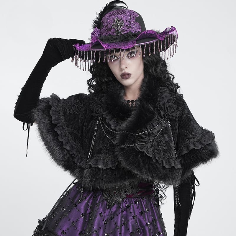 DEVIL FASHION Women's Gothic Jacquard Rose Beaded Cape
