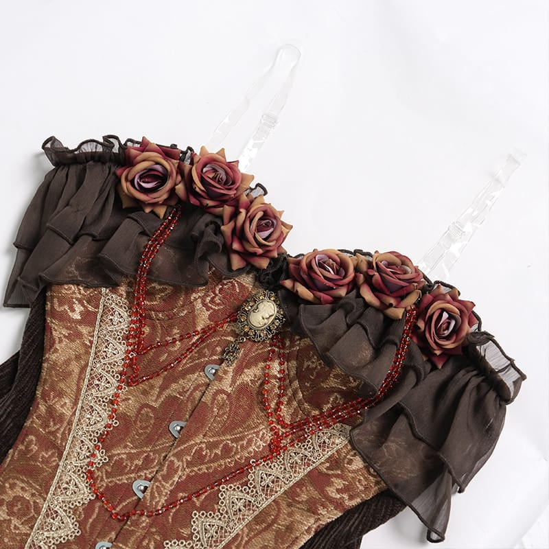 DEVIL FASHION Women's Gothic Jacquard Rose Overbust Corset with Asymmetrical Draped Sheer Chiffon Tails