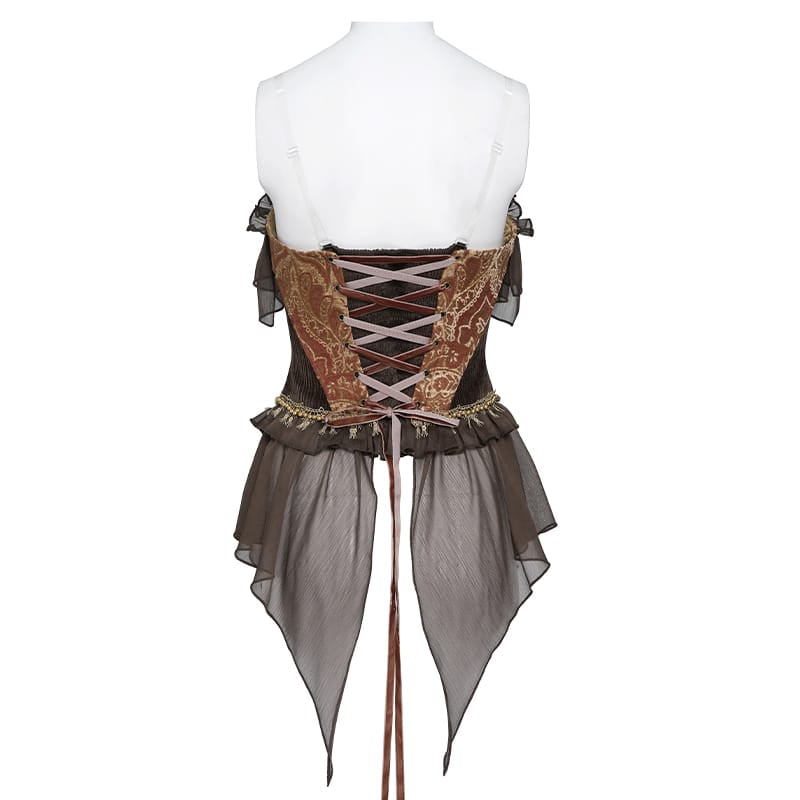 DEVIL FASHION Women's Gothic Jacquard Rose Overbust Corset with Asymmetrical Draped Sheer Chiffon Tails