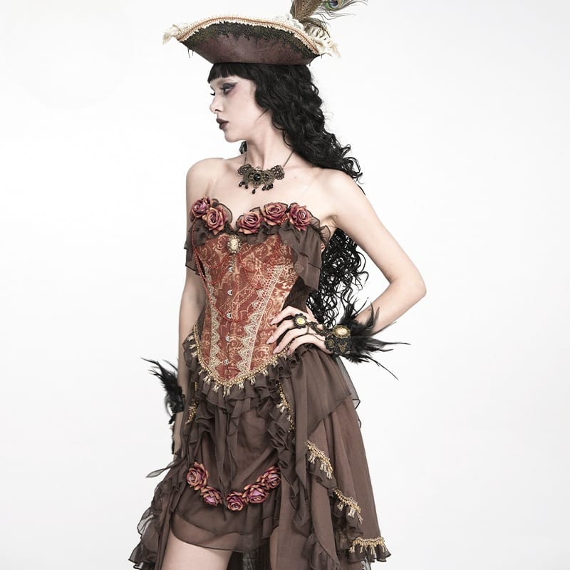 DEVIL FASHION Women's Gothic Jacquard Rose Overbust Corset with Asymmetrical Draped Sheer Chiffon Tails