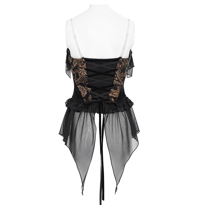 DEVIL FASHION Women's Gothic Jacquard Rose Overbust Corset with Asymmetrical Flowy Chiffon Hems