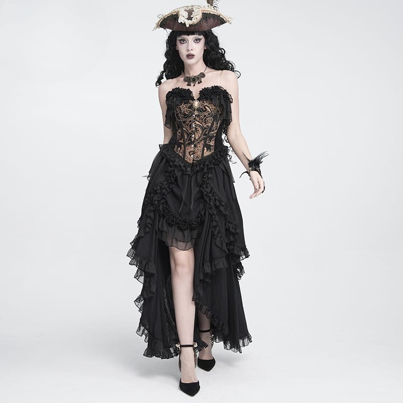 DEVIL FASHION Women's Gothic Jacquard Rose Overbust Corset with Asymmetrical Flowy Chiffon Hems