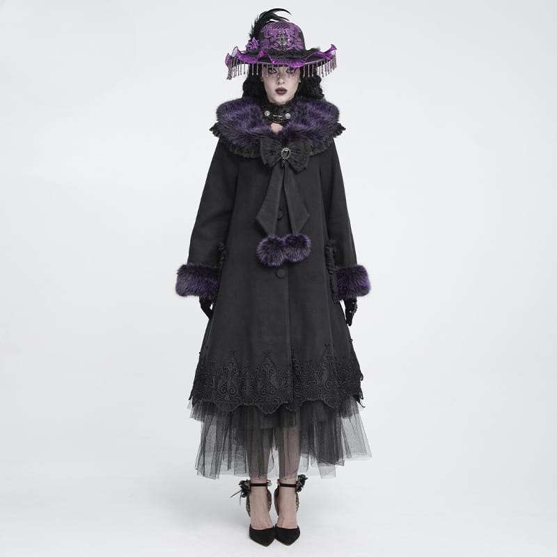 DEVIL FASHION Women's Gothic Lace Embroidery Trim Faux Fur Collar Long Coat with Detachable Bowknot