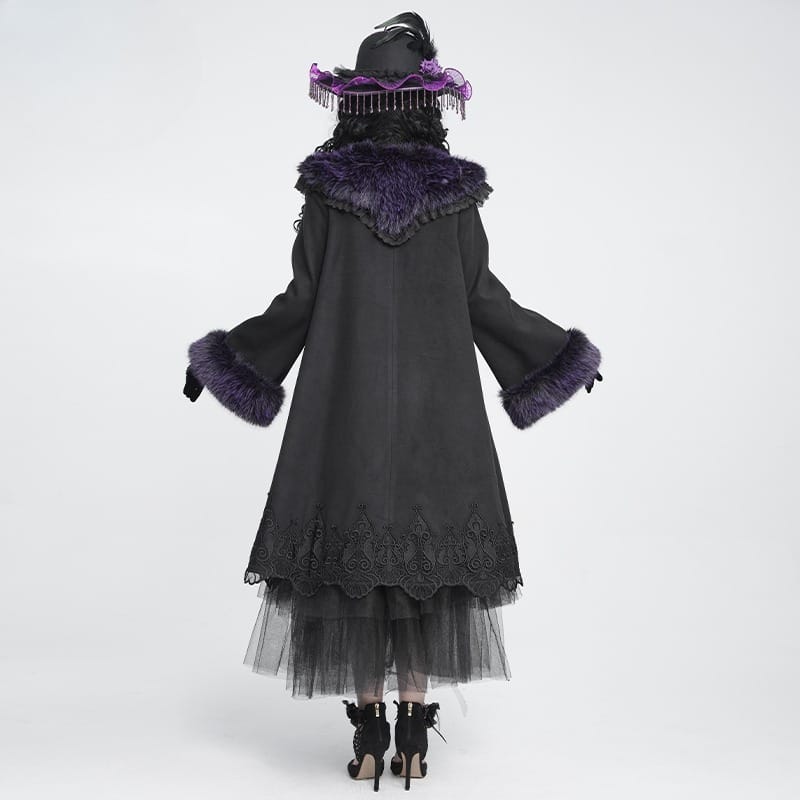 DEVIL FASHION Women's Gothic Lace Embroidery Trim Faux Fur Collar Long Coat with Detachable Bowknot