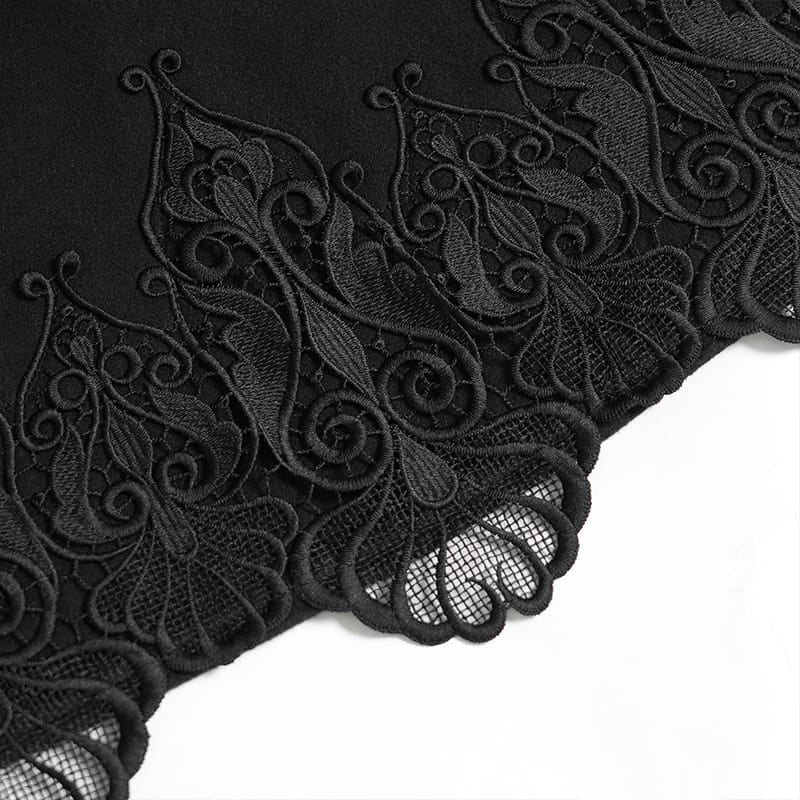 DEVIL FASHION Women's Gothic Lace Embroidery Trim Faux Fur Collar Long Coat with Detachable Bowknot