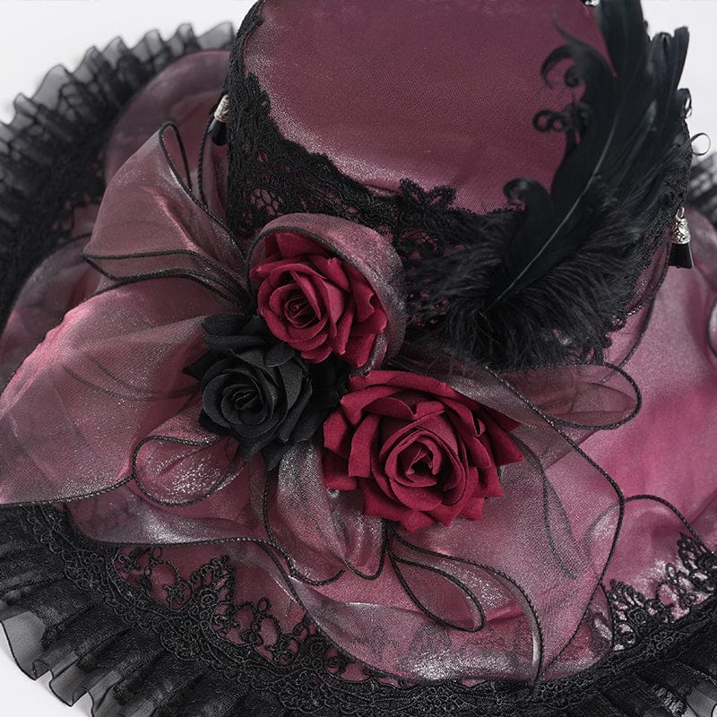DEVIL FASHION Women's Gothic Lace Feather Rose Hat