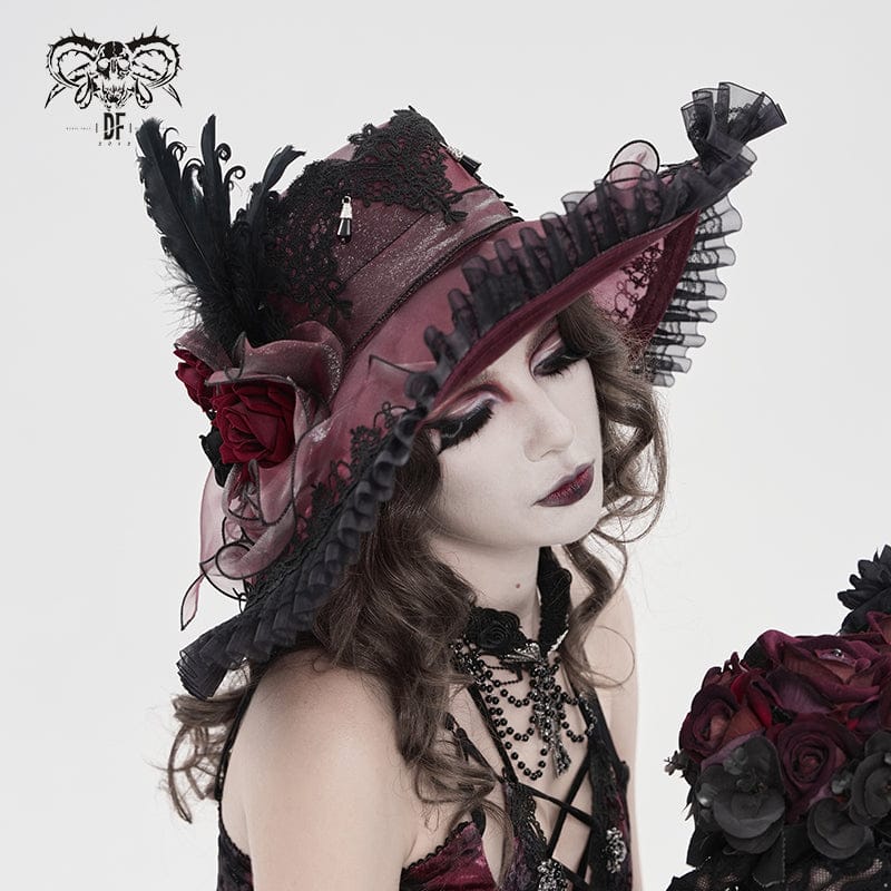 DEVIL FASHION Women's Gothic Lace Feather Rose Hat