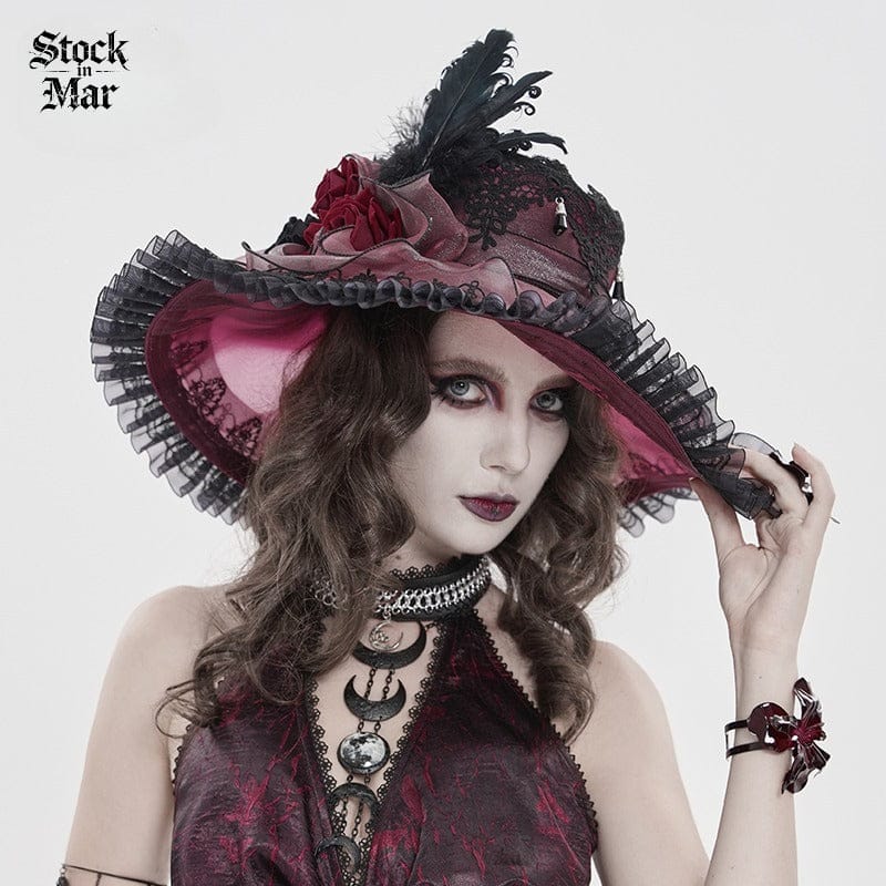DEVIL FASHION Women's Gothic Lace Feather Rose Hat