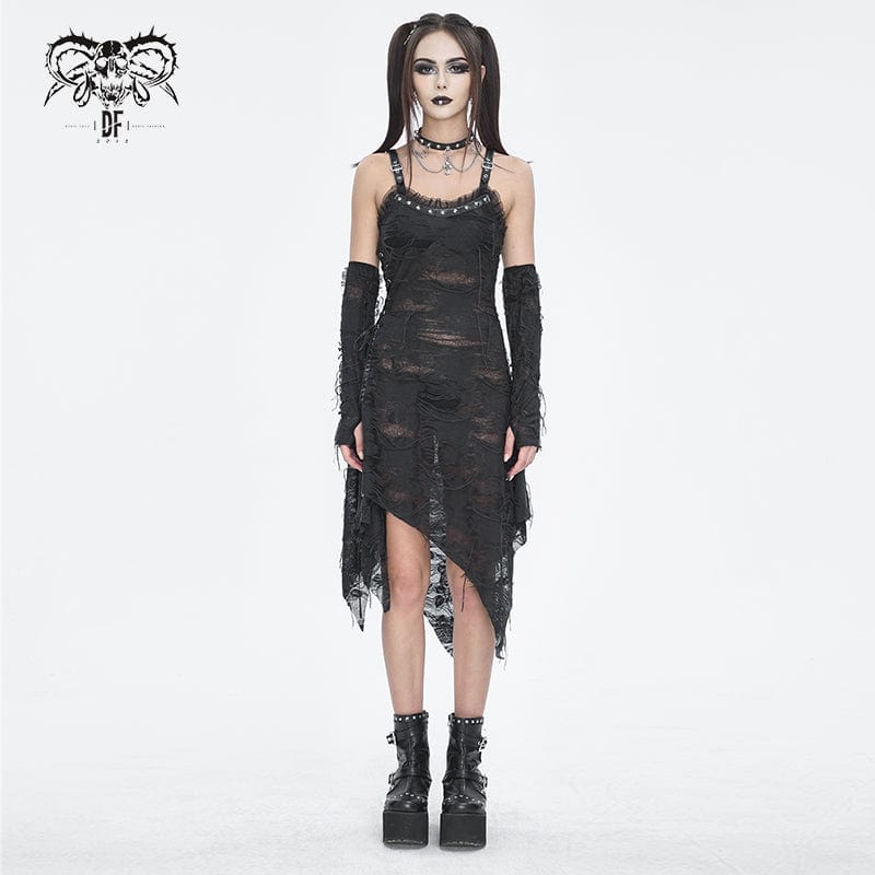 DEVIL FASHION Women's Gothic Lace Ripped Hem Dress with Arm Sleeves