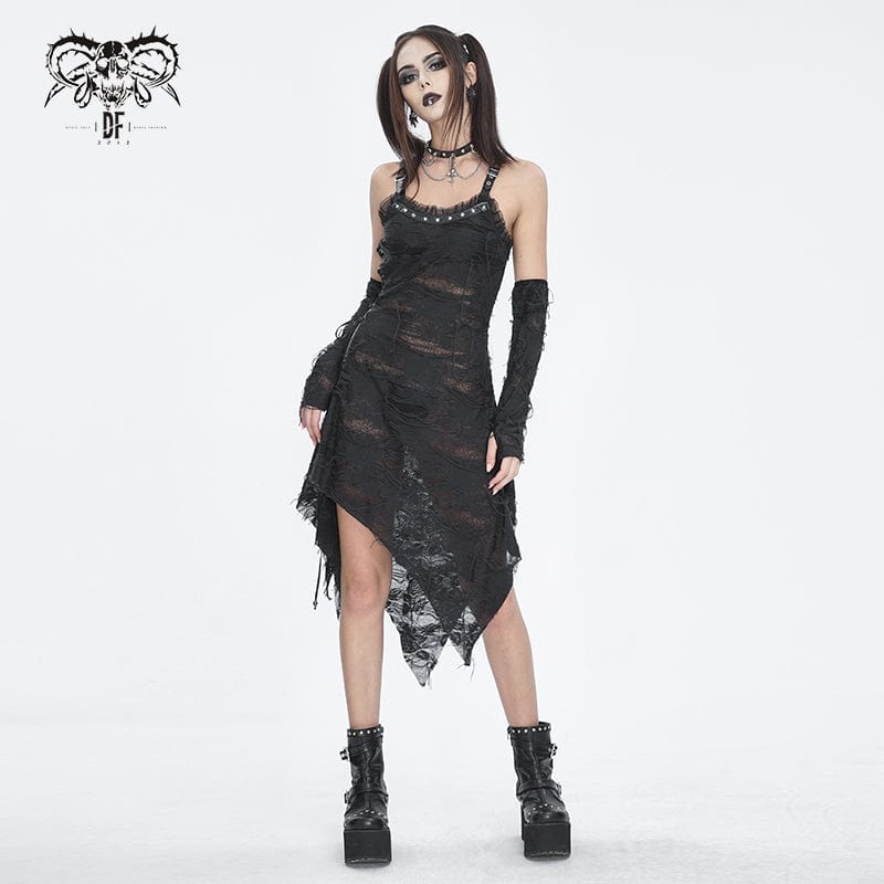 DEVIL FASHION Women's Gothic Lace Ripped Hem Dress with Arm Sleeves