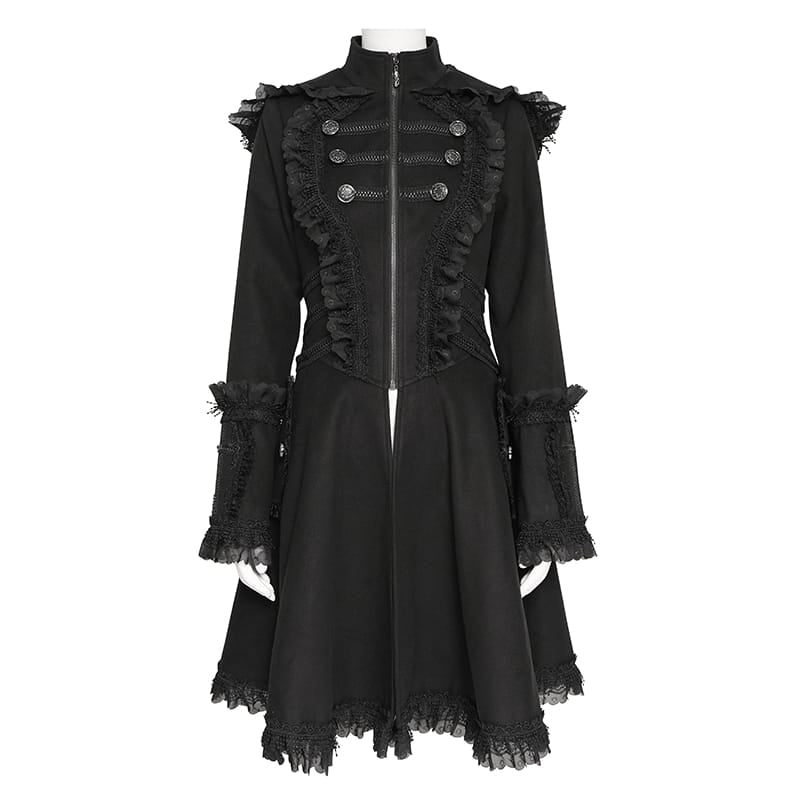 DEVIL FASHION Women's Gothic Lace Ruffle Trim Flared Hem Hooded Coat