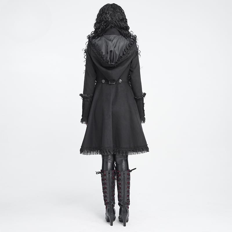 DEVIL FASHION Women's Gothic Lace Ruffle Trim Flared Hem Hooded Coat
