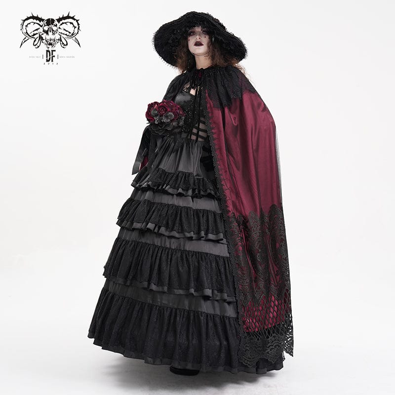 DEVIL FASHION Women's Gothic Lace Tassels Mesh Cloak with Hood Red