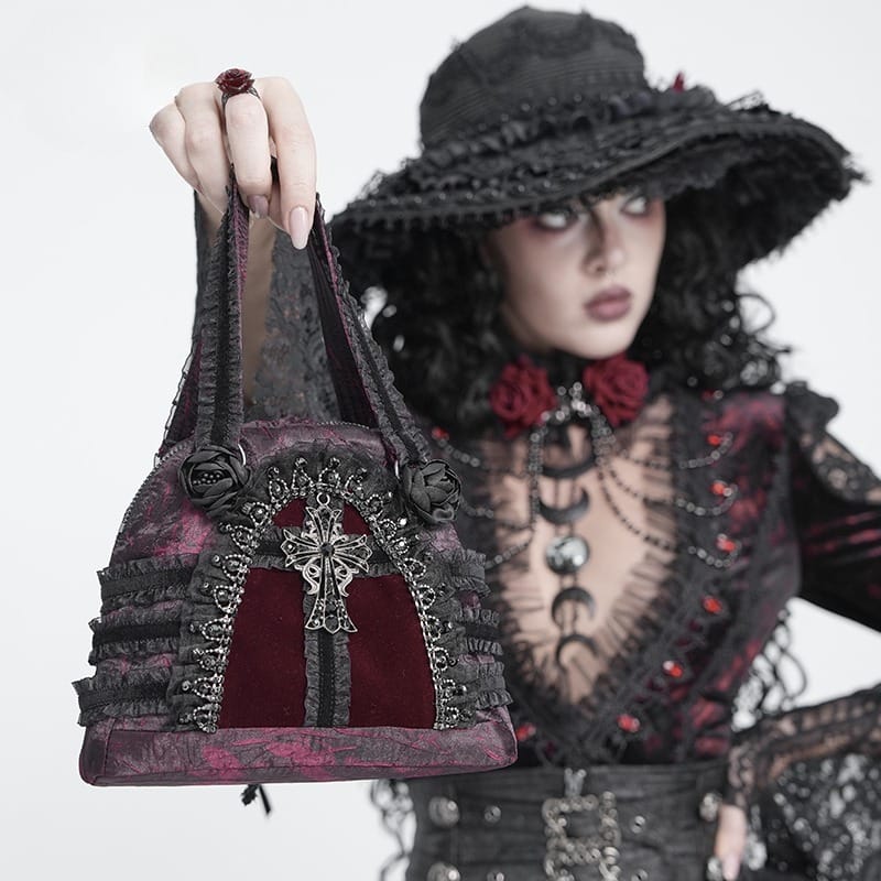 DEVIL FASHION Women's Gothic Lace-Trimmed Rose Cross Bag Black-Red