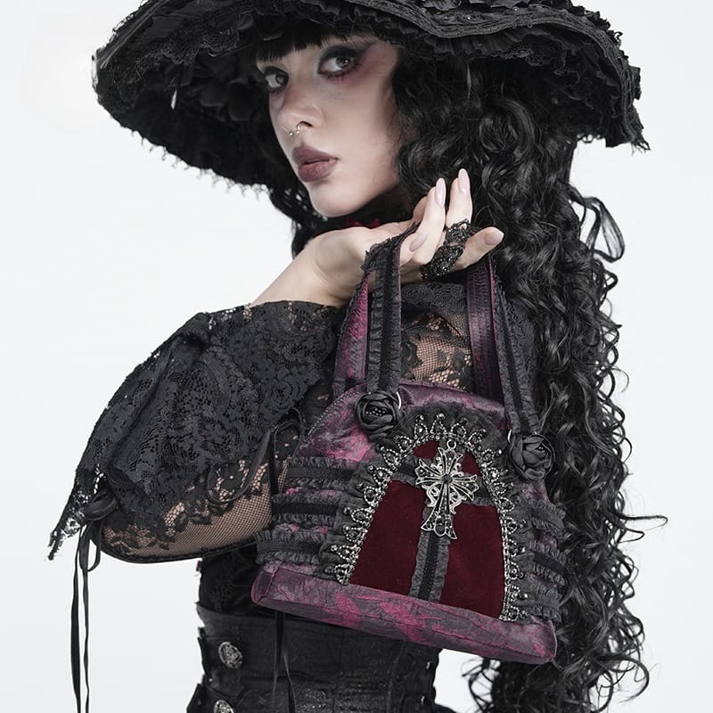DEVIL FASHION Women's Gothic Lace-Trimmed Rose Cross Bag Black-Red