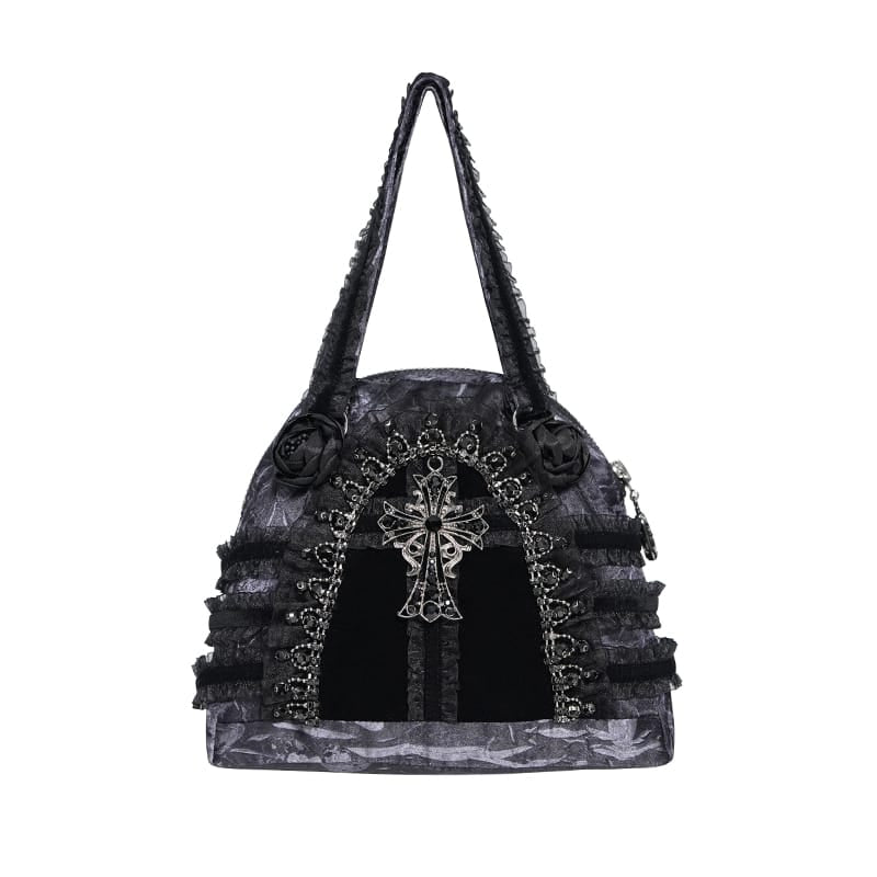 DEVIL FASHION Women's Gothic Lace-Trimmed Rose Cross Bag Grey-Black