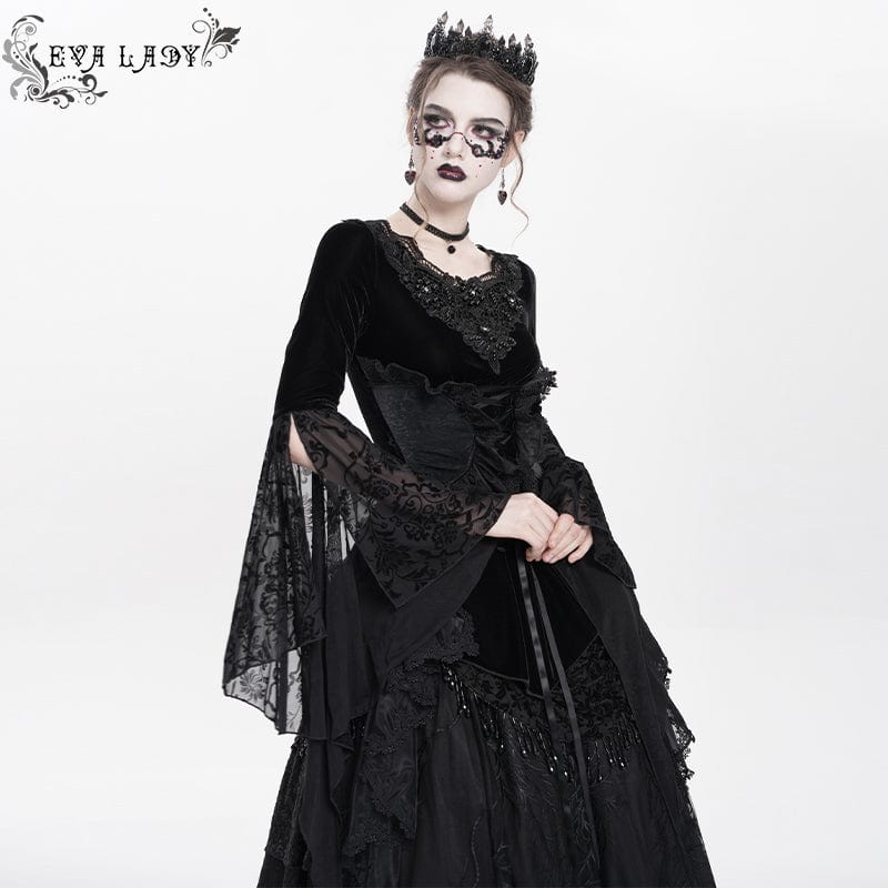 DEVIL FASHION Women's Gothic Lace-up Beaded Ruched Velvet Long Sleeved Shirt