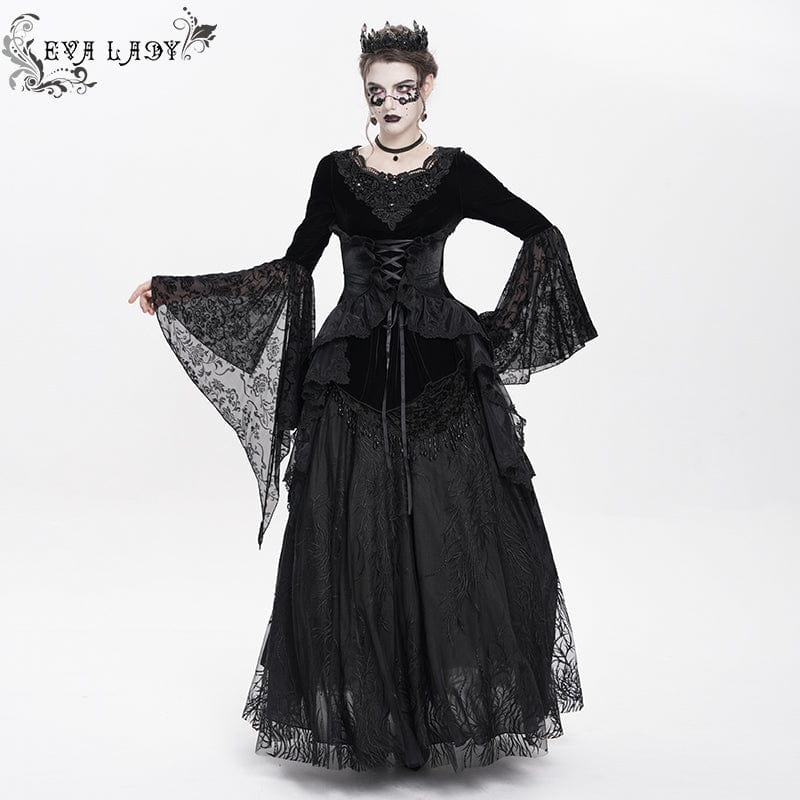 DEVIL FASHION Women's Gothic Lace-up Beaded Ruched Velvet Long Sleeved Shirt